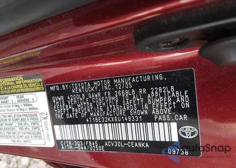 2006 Toyota Camry Le z USA, uszkodzony, nr VIN 4T1BE32KX6U149331